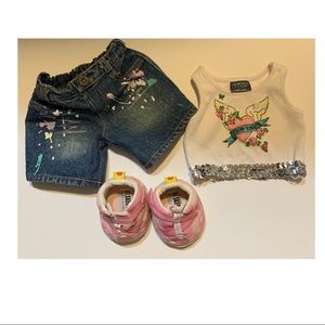 BABW Limited Too 3 Piece Bear Outfit Denim Splatter Jeans Top & Sketchers